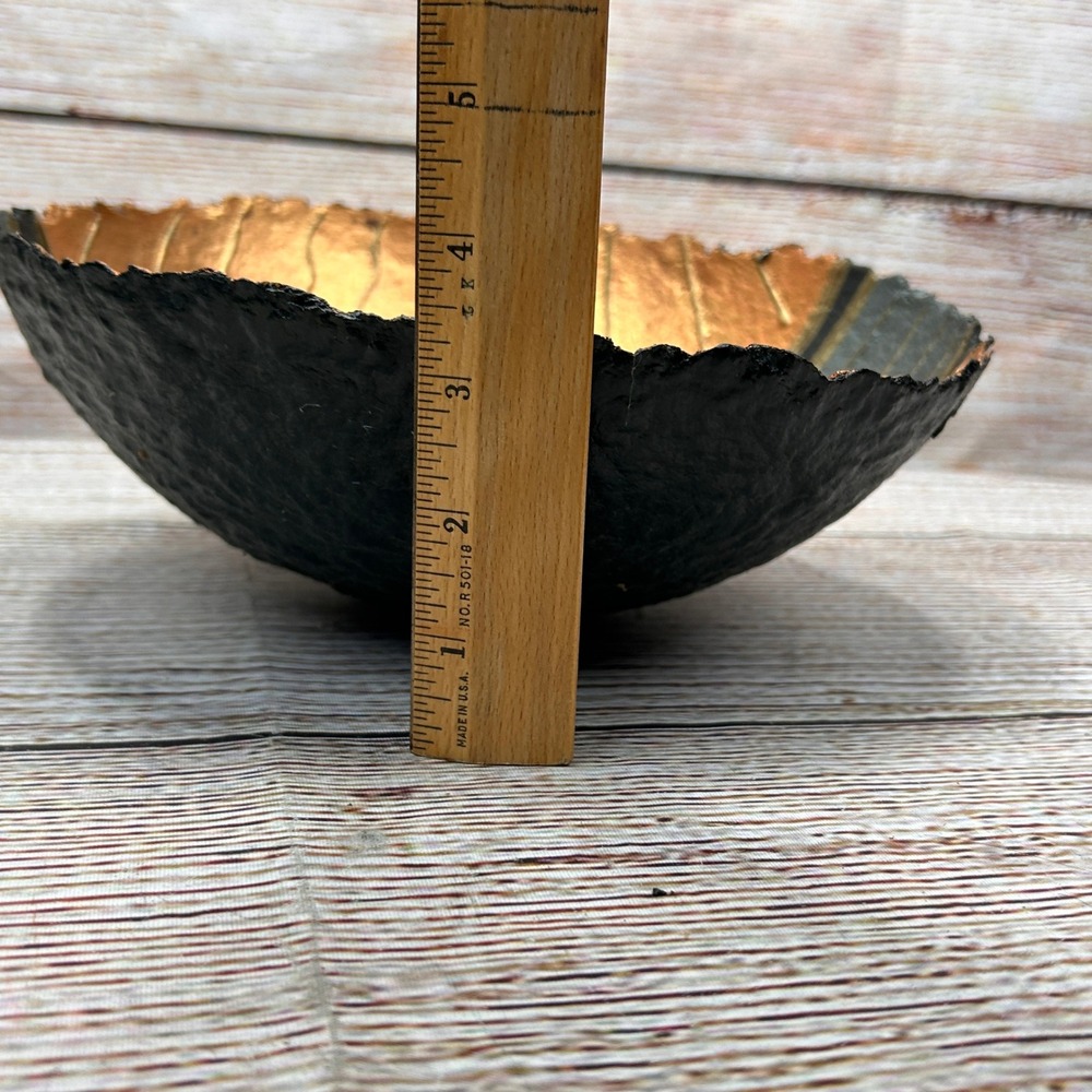 Signed 1998 Handmade Paper Mache Decorative Bowl Copper Black Gold Abstract Art - Picture 6 of 6